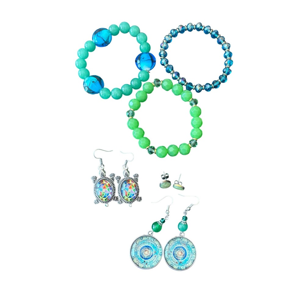 Boho Jewelry Lot 6pc Green Blue Beaded Stretch Bracelets Turtle Mandala Earrings